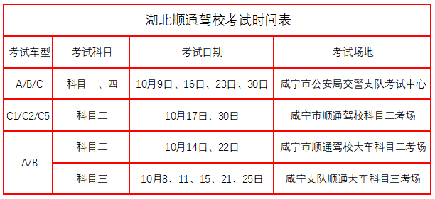 湖北順通駕校2019年10月考試時間.png